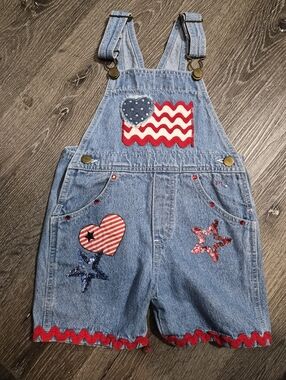 Marsha Vintage 90s Patriotic Americana Flag Denim Shortalls Girl's Size 3